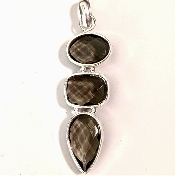 Smokey Quartz Triple-Stone Pendant – Sterling Silver 925 – 3" – 12.5g - Picture 2 of 4
